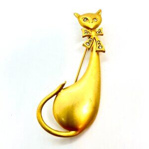 VINTAGE BRUSHED GOLD Tone Cat Brooch Midcentury Modern Rhinestone Bow Kitty
